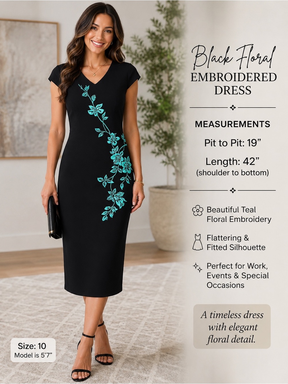 Maggy London Black Midi Dress with Teal Floral Embroidery